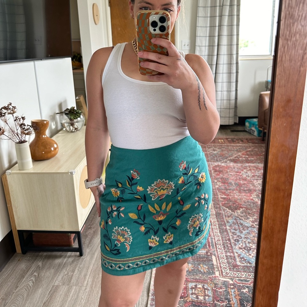 Teal Embroidered Mini Skirt